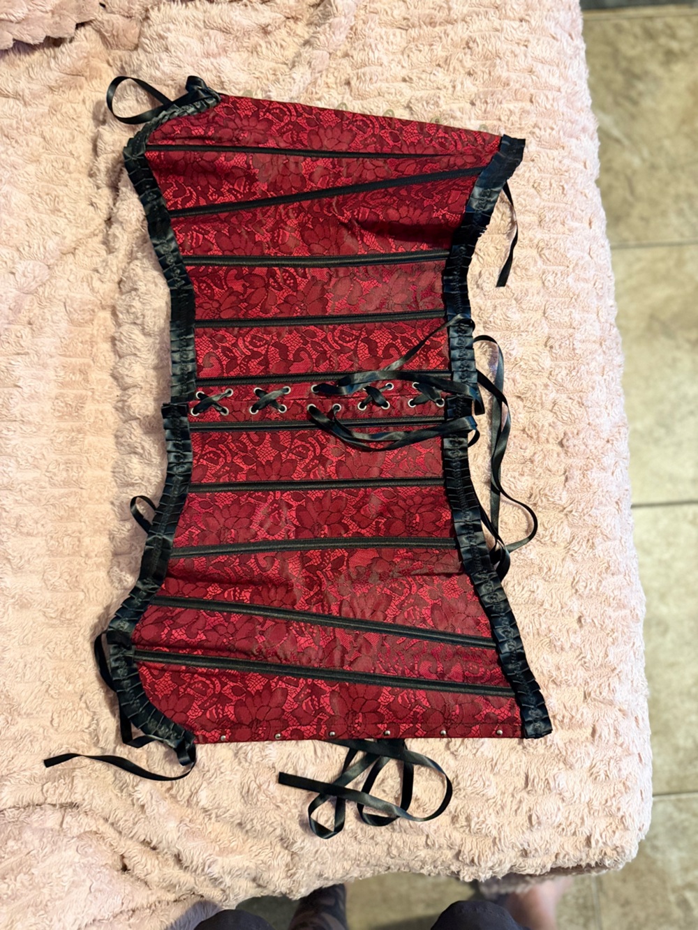 Red Lace Overbust Corset with Black Trim
